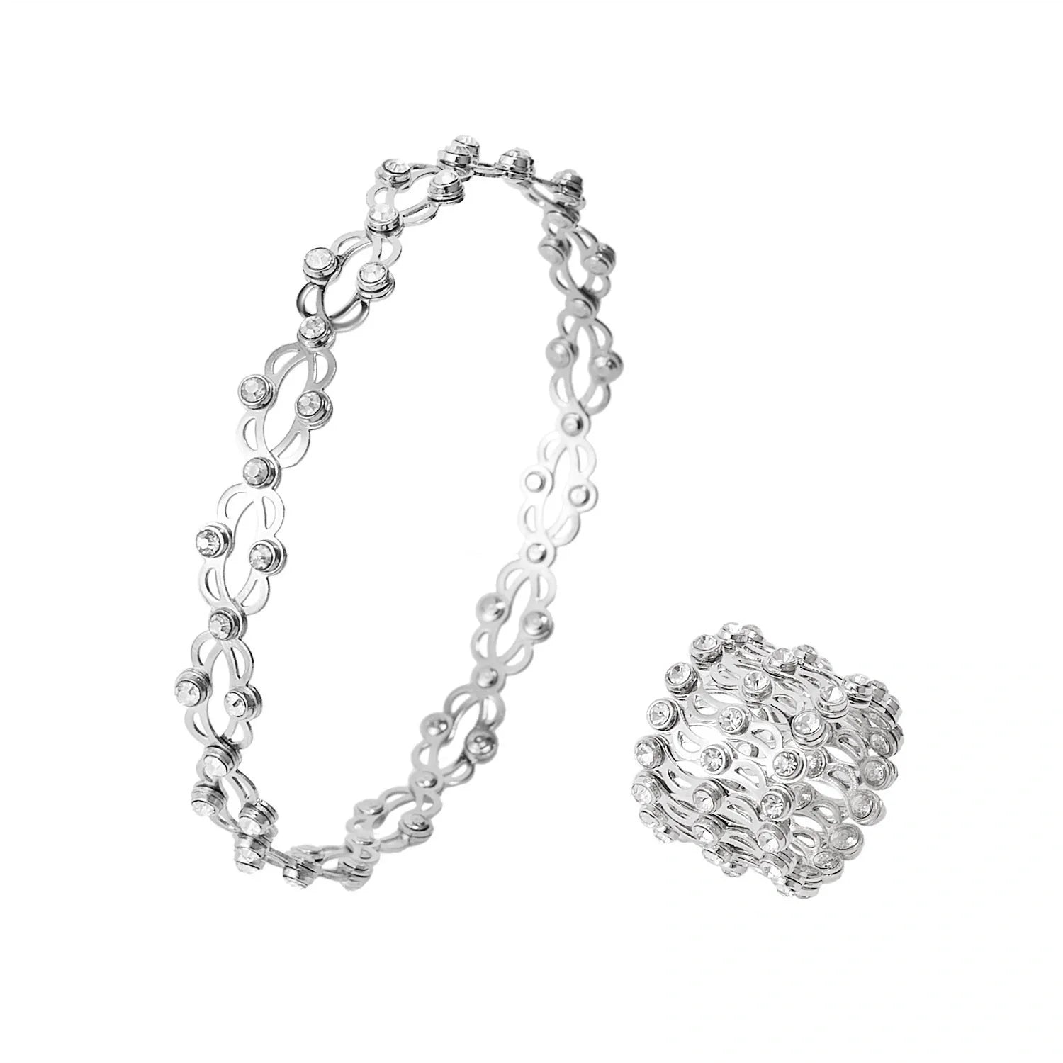 2-in-1 folding retractable rings bracelet with rhinestone detail, adjustable design
