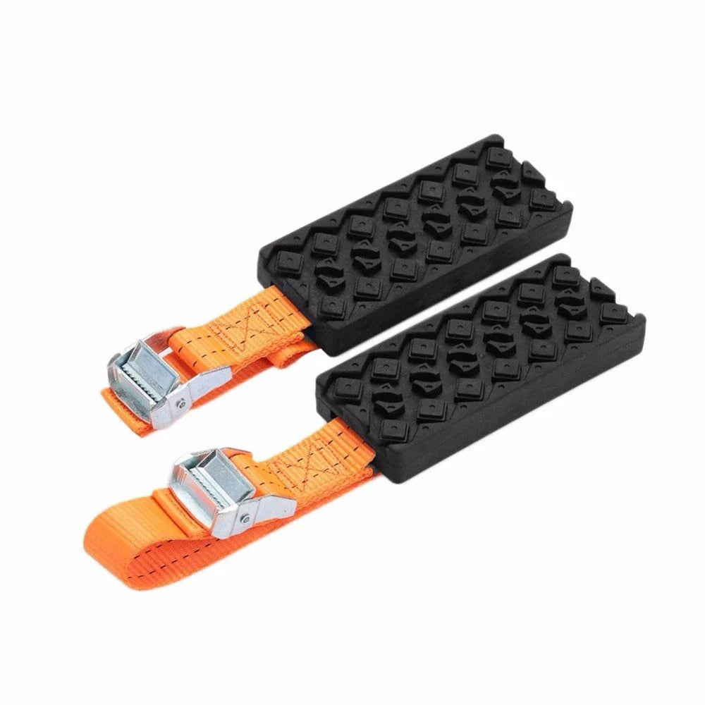 Durable anti-slip snow chains for car tires in black and orange, designed to provide superior traction and grip on icy, snowy, and muddy roads.