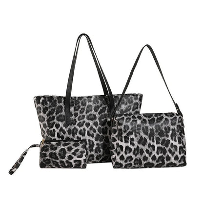 Leopard print tote set with multiple compartments and double shoulder straps