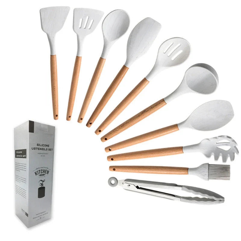 Premium silicone cooking utensil set with marble-patterned wooden handles for a stylish and heat-resistant kitchen accessory