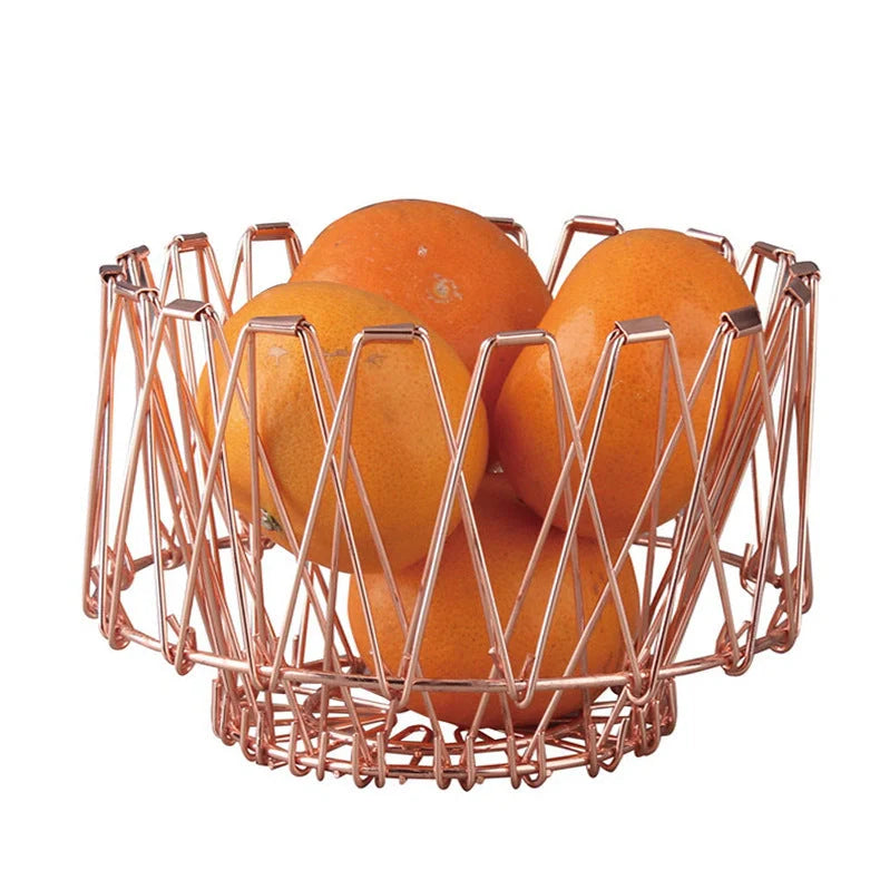 Stainless steel foldable fruit tray with copper finish for kitchen storage