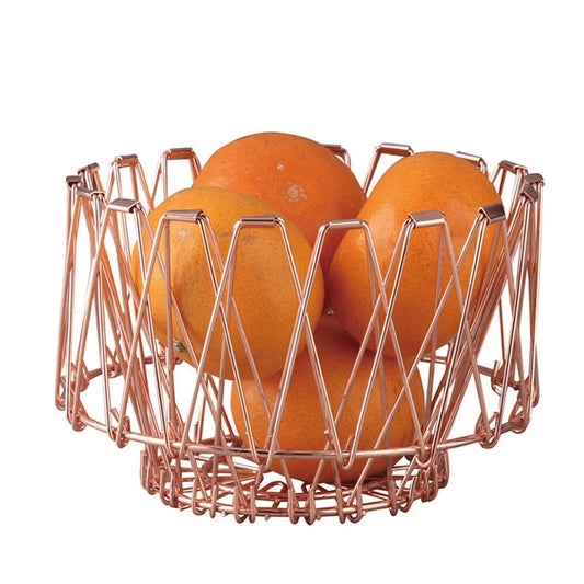 Stainless steel foldable fruit tray with copper finish for kitchen storage