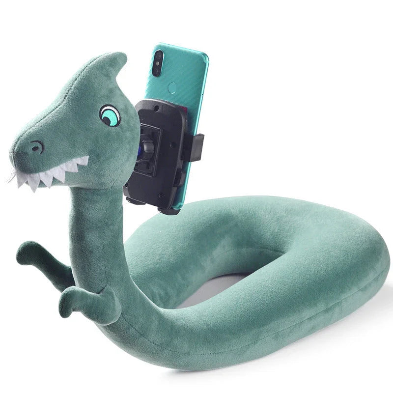 Cozy U-Shaped Pillow with Built-In Phone Holder in various colors, including Red Flamingo, Pink Unicorn, Orange Giraffe, Gray Snake, and Lagoon Dinosaur