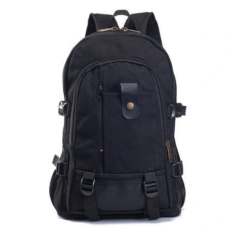 Men's canvas backpack with zippered opening, available in multiple colours including coffee, light khaki, and black.