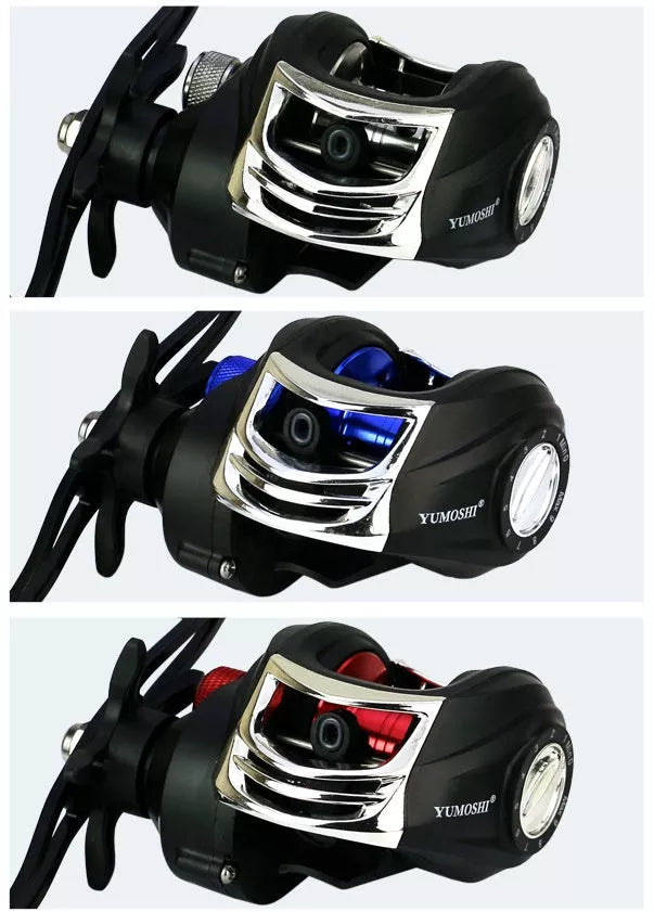 YUMOSHI AK Series Fishing Reel with magnetic brake in black and red
