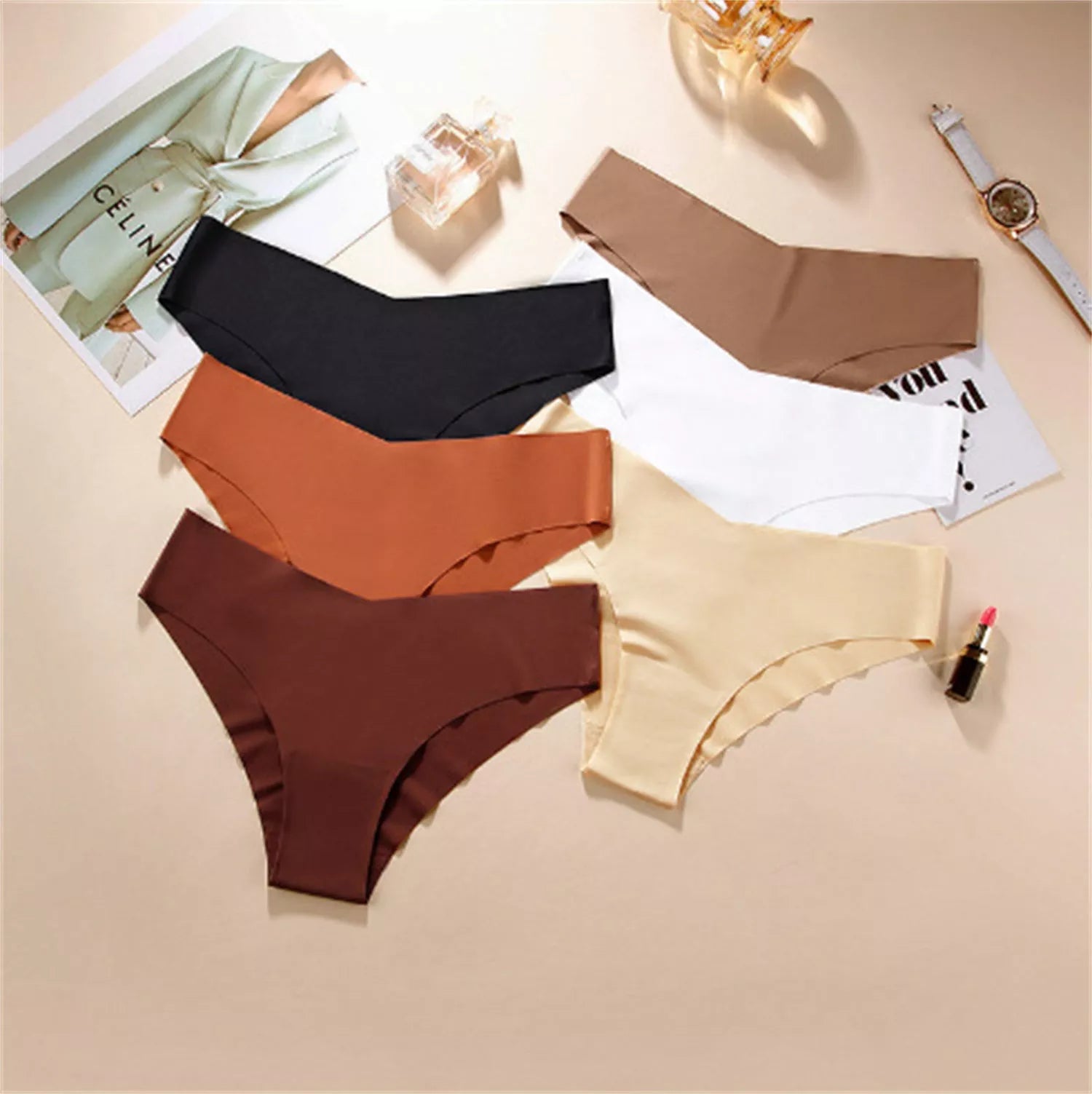 Women's V-shaped Waistband Seamless Ice Silk Panties in 5-colour set