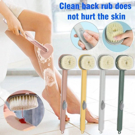 Ergonomic dual-purpose shower brush with detachable head in yellow, grey, green, and pink