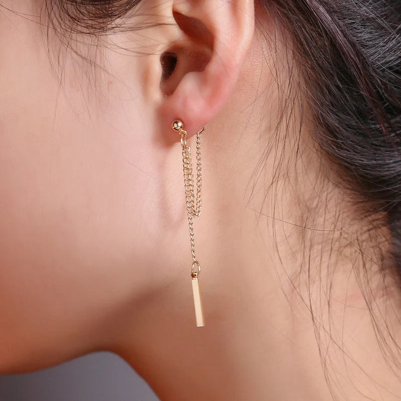 Elegant tasseled stud earrings featuring a contemporary geometric design in silver, gold, and 925 sterling silver finishes