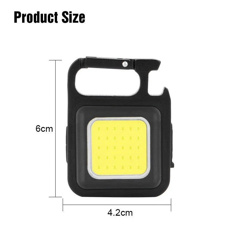 Powerful USB-rechargeable keychain flashlight with three lighting modes, magnetic base, and foldable handle for outdoor and emergency use