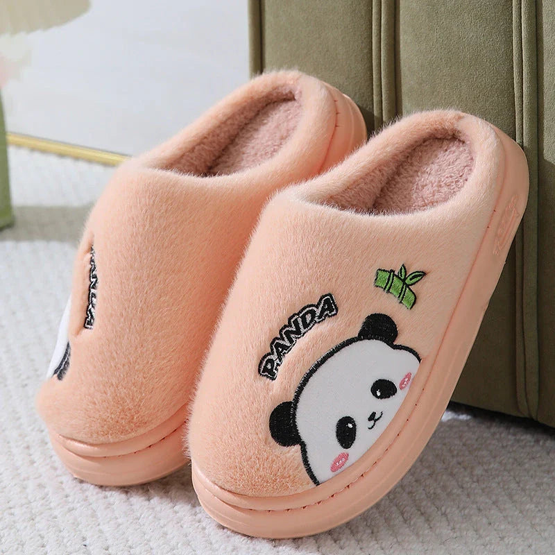 Cozy cartoon panda slippers with plush lining and anti-slip soles for comfortable indoor wear