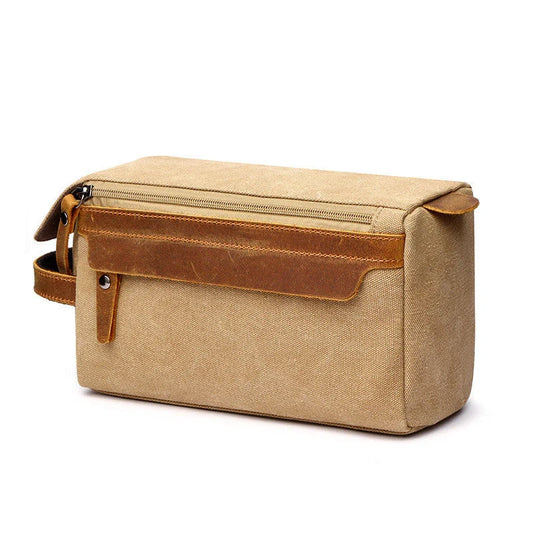 Premium canvas travel toiletry bag with multiple compartments and classic colours