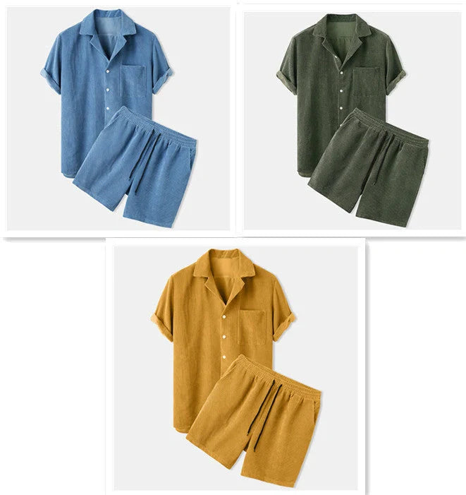 Corduroy short sleeve suit two-piece set in yellow, green, and light blue