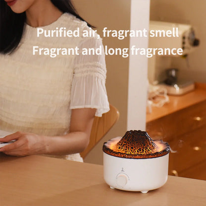 Small simulated flame volcano humidifier with aroma diffuser and remote control