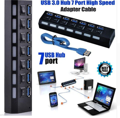 Premium USB 3.0 hub with 7 high-speed ports, overload protection, and compact design