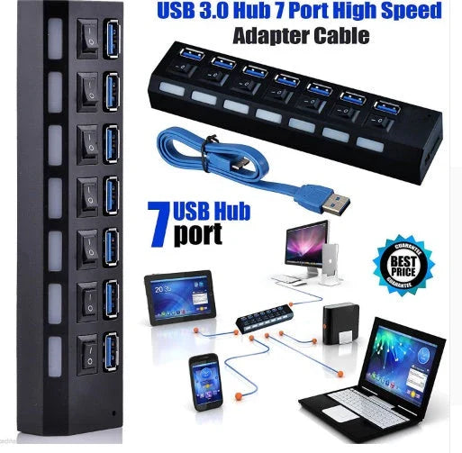 Premium USB 3.0 hub with 7 high-speed ports, overload protection, and compact design