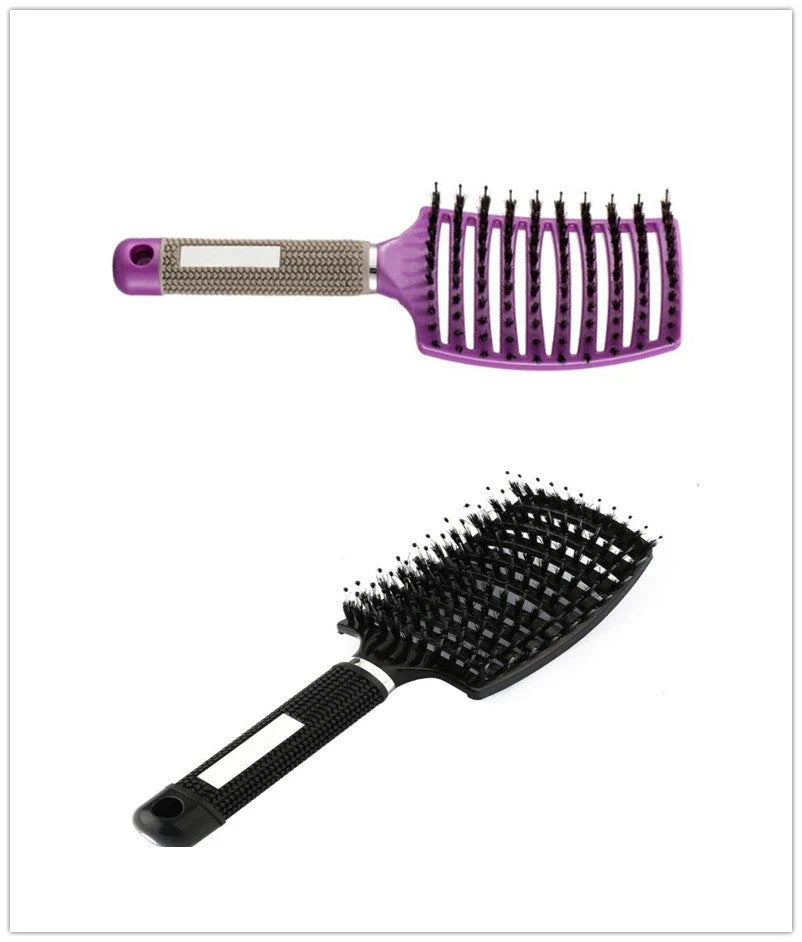 A premium hair brush with a sleek design, featuring soft bristles and a rounded massage function for healthy, detangled hair
