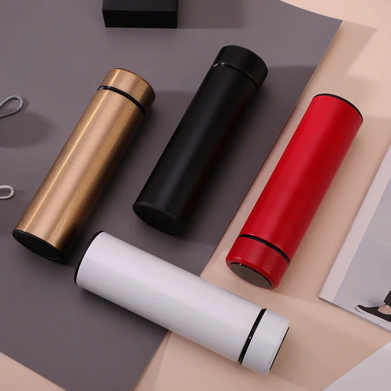 Premium stainless steel vacuum flask with LED touch display for temperature monitoring, available in various colors and sizes