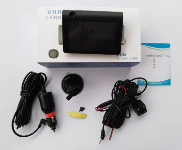 High-definition driving recorder with dual cameras, HDR and WDR support, and wide-angle lenses for comprehensive coverage