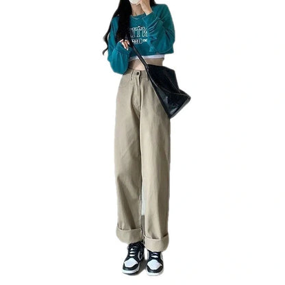 High waist wide leg jeans in khaki, retro style with button details