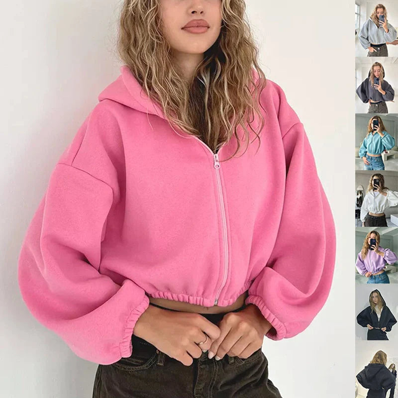 Slim-fit Y2K zip-up hooded cardigan in cotton blend, available in multiple colours