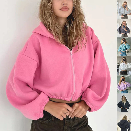 Slim-fit Y2K zip-up hooded cardigan in cotton blend, available in multiple colours