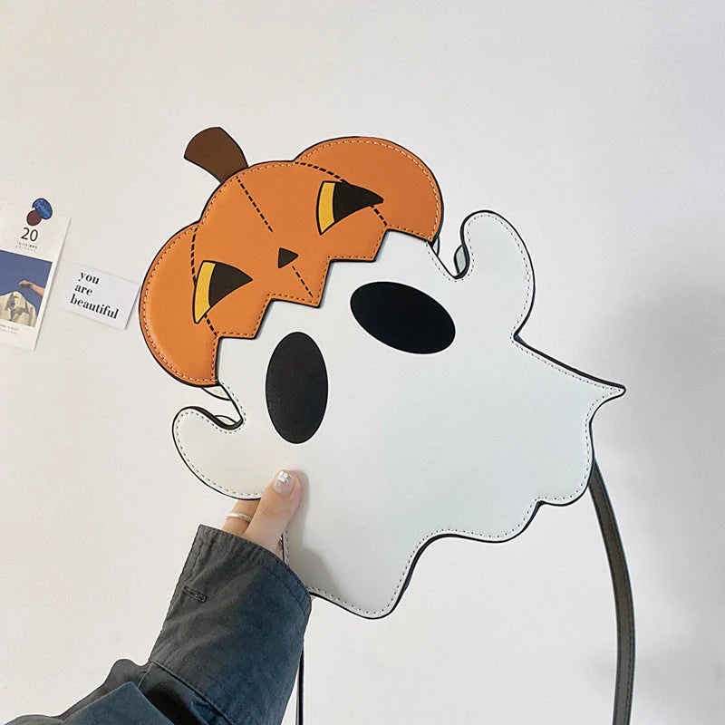 Halloween Shoulder Bag with 3D Cartoon Pumpkin Ghost Design in White