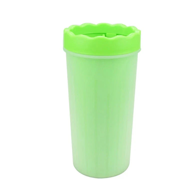 Silicone Dog Paw Washer Cup in various colors and sizes, featuring soft bristles for gentle cleaning.