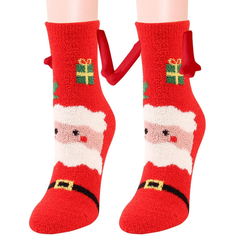 Christmas couple socks with magnetic suction feature for hand holding, festive 3D animal patterns