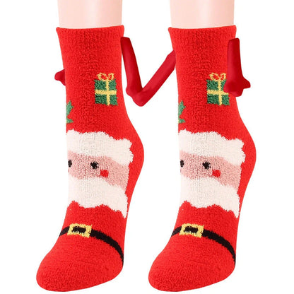 Christmas couple socks with magnetic suction feature for hand holding, festive 3D animal patterns