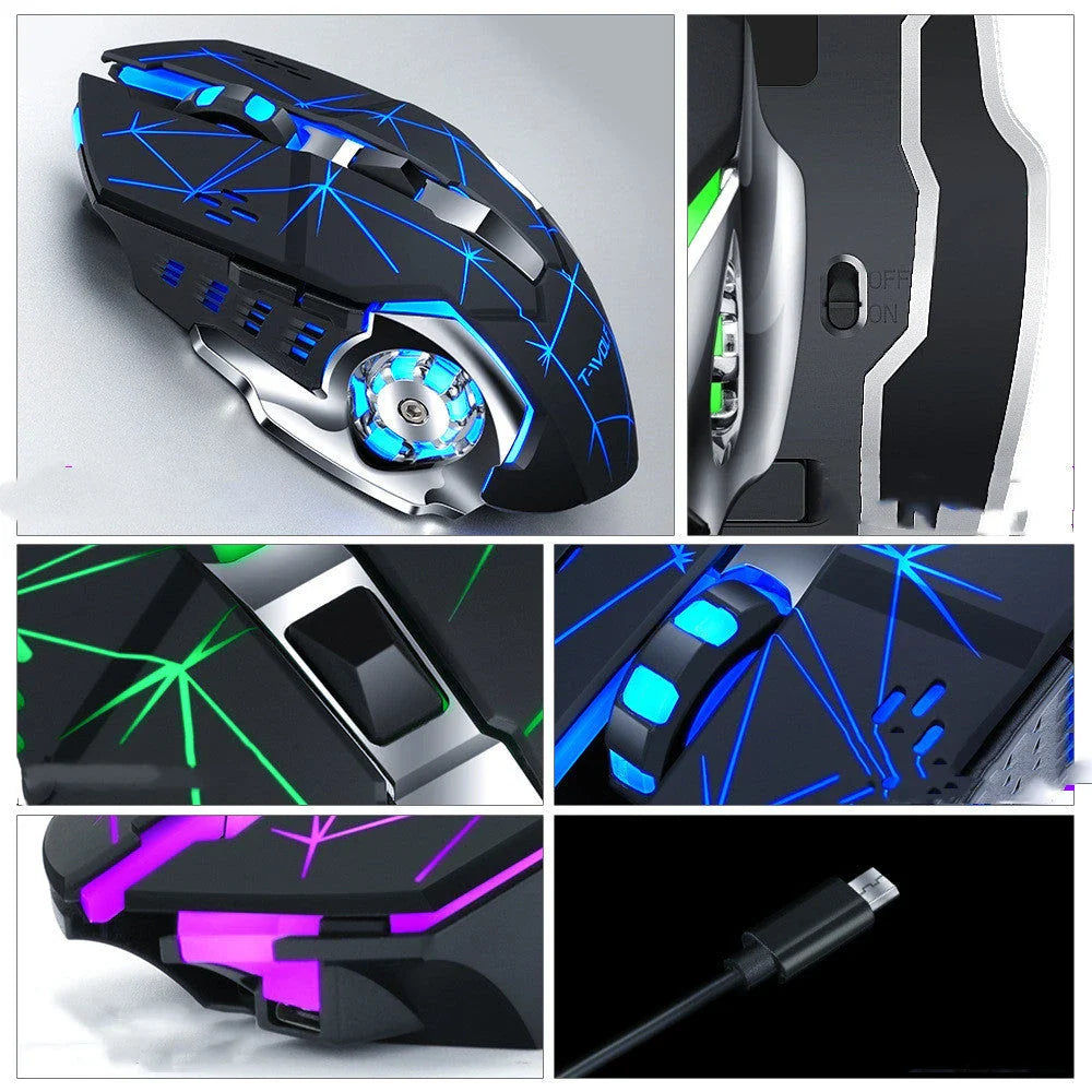 Wireless 2.4GHz optical gaming mouse with 2400 DPI precision, 6 programmable keys, and vibrant backlit design