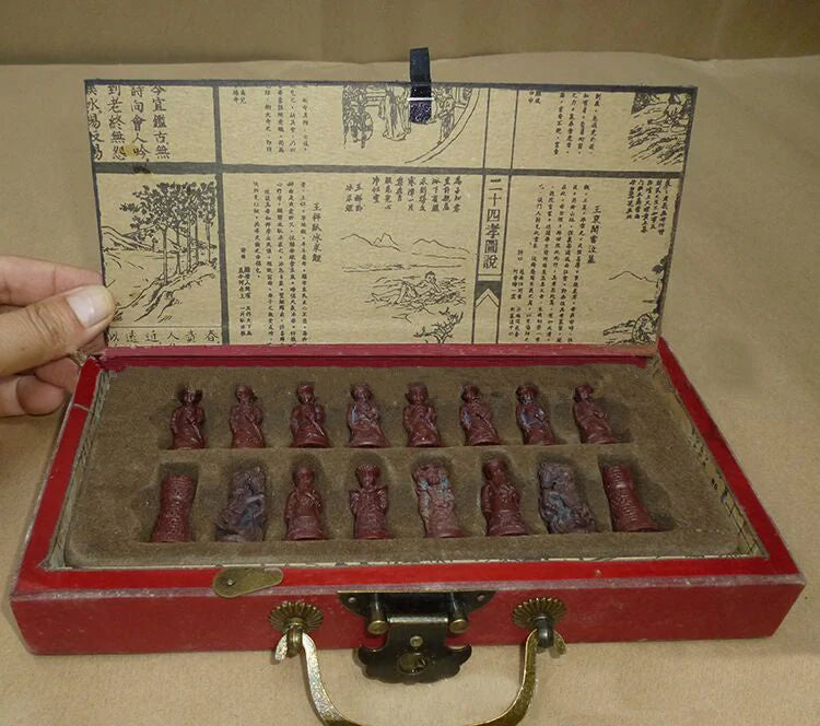 Handcrafted antique terracotta chess set with folding wooden board