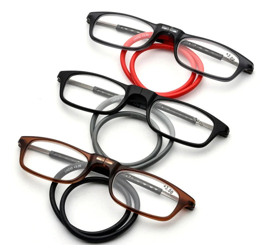 Stylish magnetic neck reading glasses with adjustable titanium frames in various colours