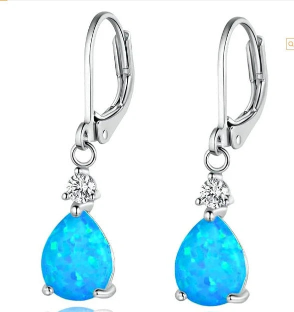 Elegant White Opal Drop Earrings for women with Australian opals in a geometric water droplet design