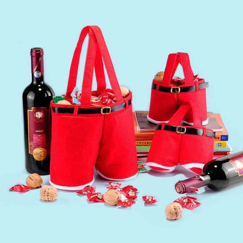 Festive Santa pants-shaped cloth gift bag in red, perfect for holding Christmas candies and small gifts