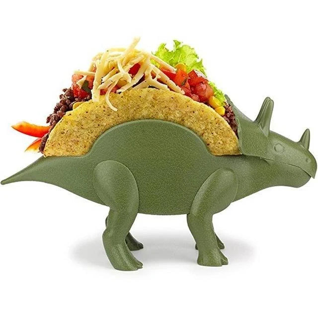 Dinosaur-shaped plastic taco holder in green, pink, or army green