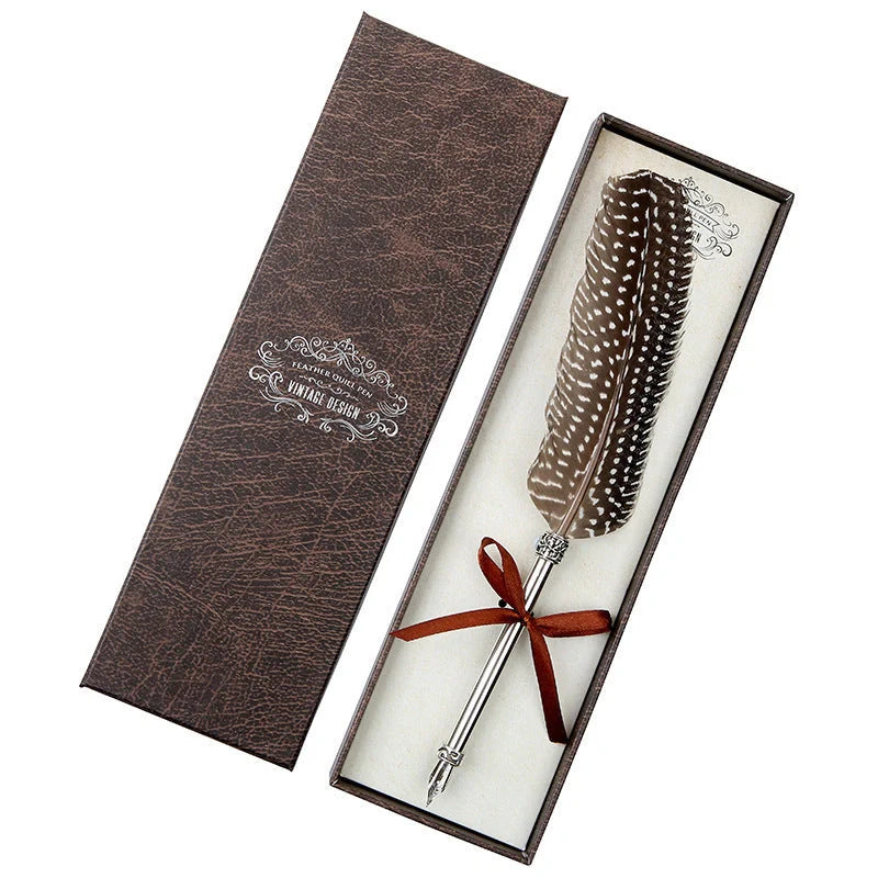 Elegant European-inspired feather pen in a luxurious gift box, showcasing its vintage-inspired design and premium stainless steel construction.