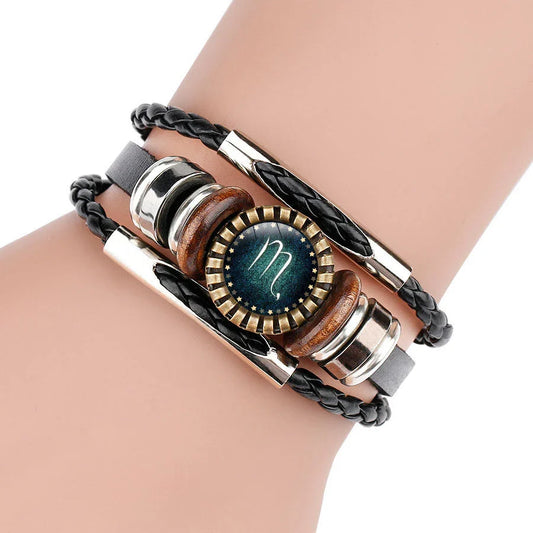 Stylish multilayer leather bracelet with zodiac sign artwork, suitable for men