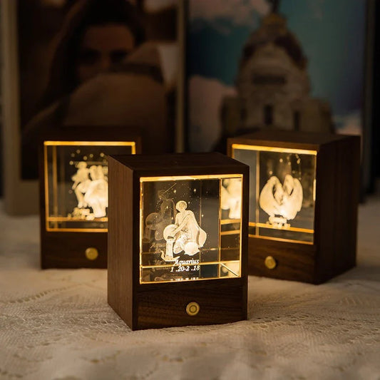 Constellation LED Table Lamp with black walnut base and 3D crystal ball, creating a starry night effect in the bedroom