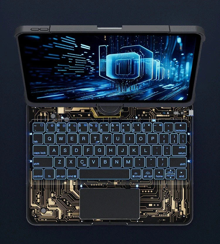 360-degree rotating keyboard case with transparent backplate and built-in Apple Pencil holder for iPad