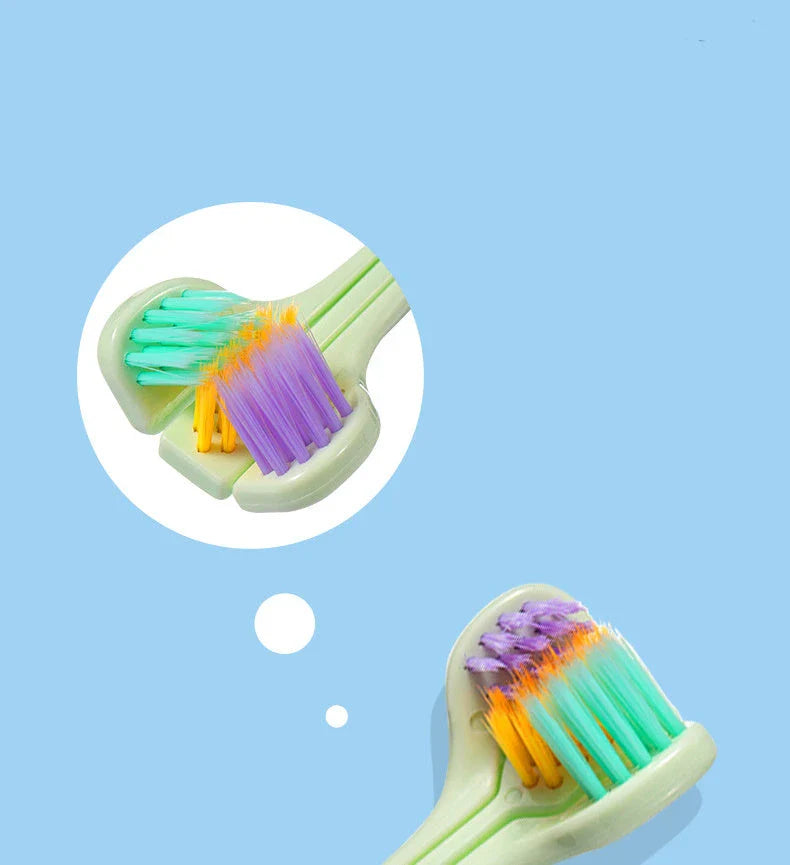 Soft bristle toothbrush with 3-sided brush head for thorough dental cleaning