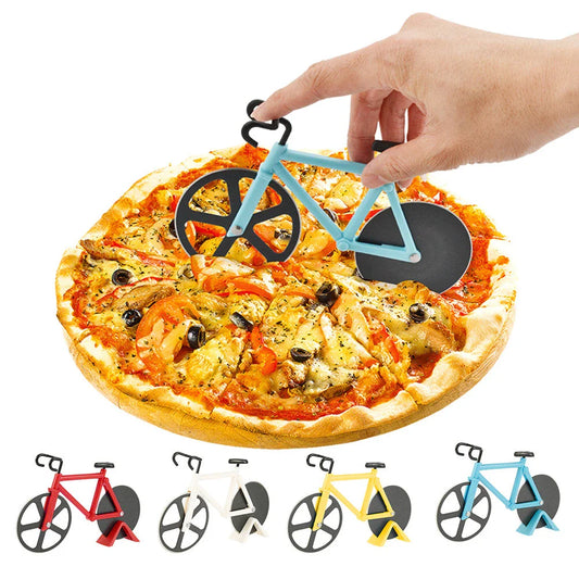 Stainless steel pizza cutter with modern bicycle-inspired design for effortless slicing of pizzas, flatbreads, and more