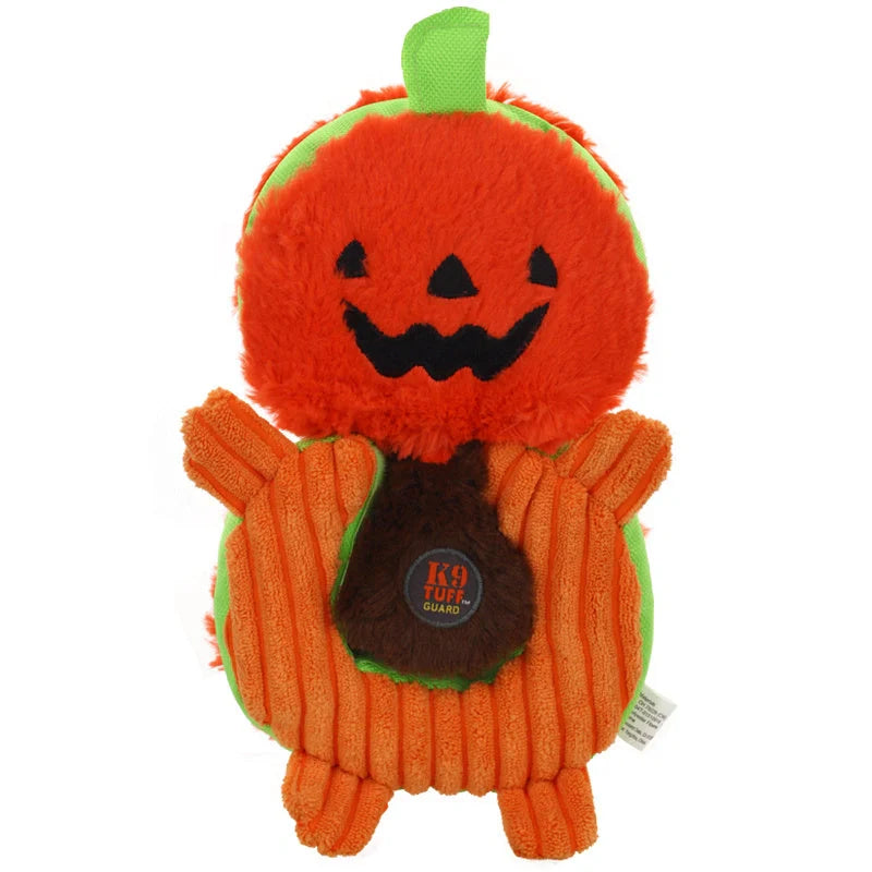 Halloween-themed plush dog toys with squeak features in grey, orange, and green
