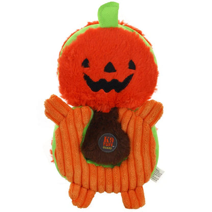 Halloween-themed plush dog toys with squeak features in grey, orange, and green