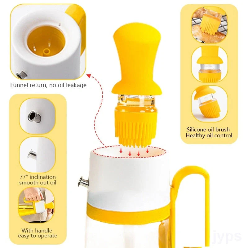 2-in-1 oil dispenser with silicone brush for BBQ and cooking, available in yellow, green, and brown