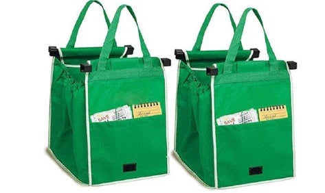 Reusable eco-friendly folding shopper bag in green colour, with generous front pocket and durable, mold-resistant construction