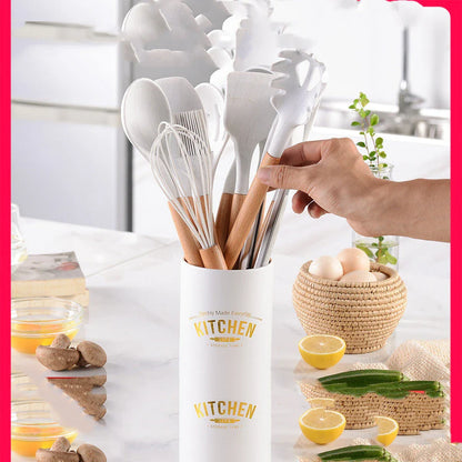 Premium silicone cooking utensil set with marble-patterned wooden handles for a stylish and heat-resistant kitchen accessory