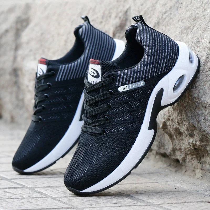 Men's breathable lace-up sports shoes in blue, black, grey, and black red