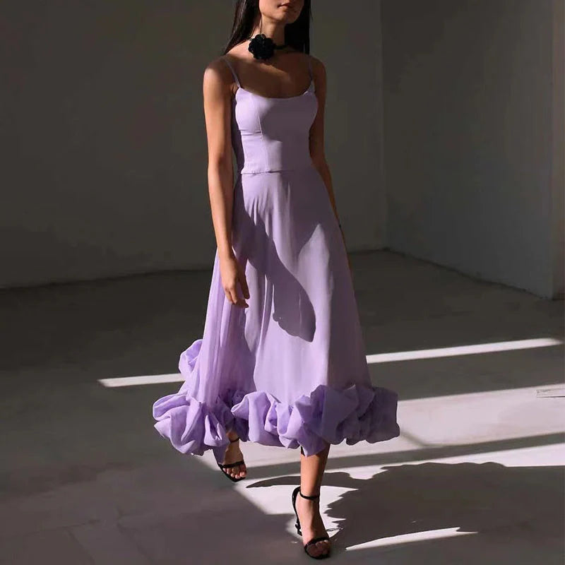 Fashionable chiffon dress with floral design, adjustable straps, and flowing A-line silhouette
