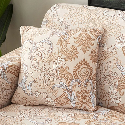 Stretchable geometric print sofa cover on a three-seater sofa