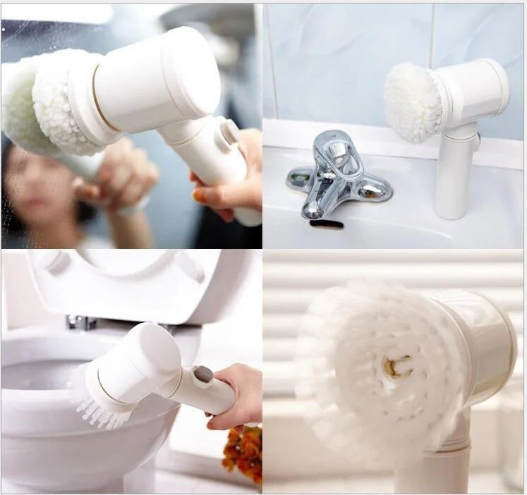 5-in-1 electric cleaning brush with white handle and three interchangeable heads